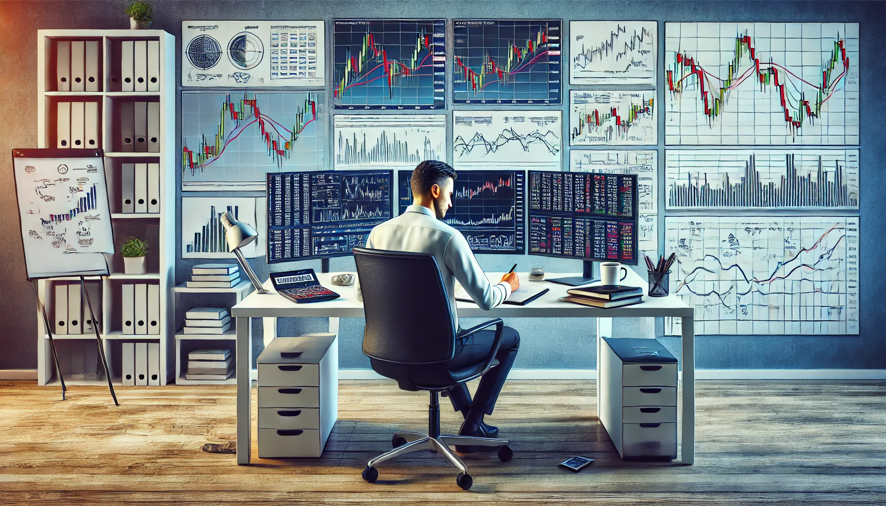 Trader analizando gráficos y diagramas en un escritorio moderno, creando su primera estrategia de trading paso a paso en 2024.